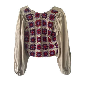 Asos Design Women's Size US 6 Crochet Patchwork Peasant Sleeve Open Tie Back Top